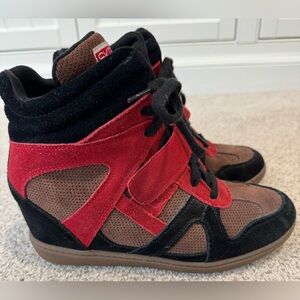 Skechers SKCH +3 Red, Black, & Brown High Top Wedge Leather Suede Sneakers